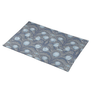 Retro Nouveau Tulips in blue and pewter Cloth Placemat
