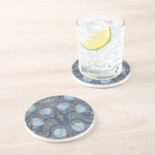 Retro Nouveau Tulips in blue and pewter Coaster