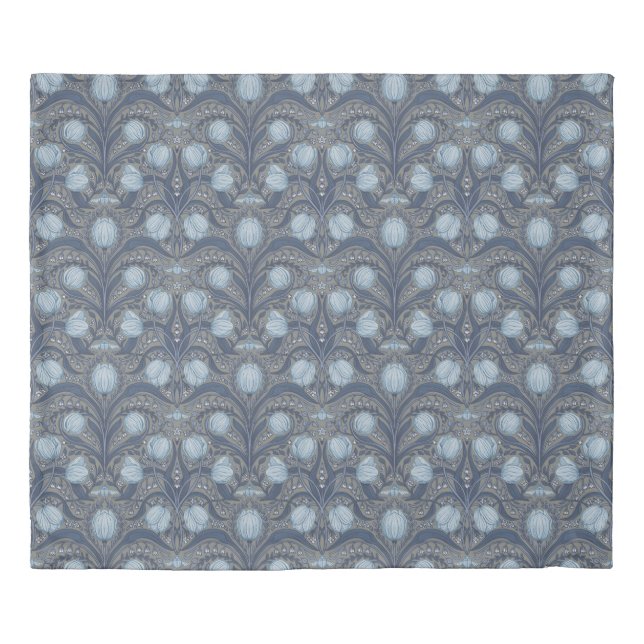 Retro Nouveau Tulips in blue and pewter Duvet Cover (Front)
