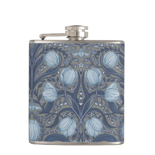 Retro Nouveau Tulips in blue and pewter Flask