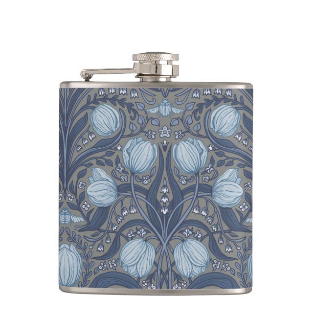 Retro Nouveau Tulips in blue and pewter Flask (Front)
