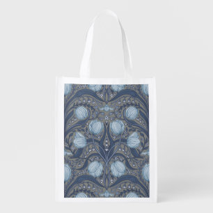 Retro Nouveau Tulips in blue and pewter Grocery Bag