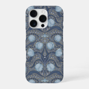 Retro Nouveau Tulips in blue and pewter iPhone 16 Pro Case