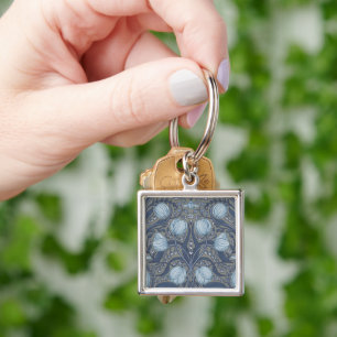 Retro Nouveau Tulips in blue and pewter Keychain