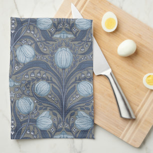 Retro Nouveau Tulips in blue and pewter Kitchen Towel