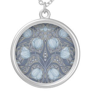 Retro Nouveau Tulips in blue and pewter Silver Plated Necklace