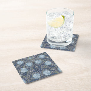 Retro Nouveau Tulips in blue and pewter Square Paper Coaster