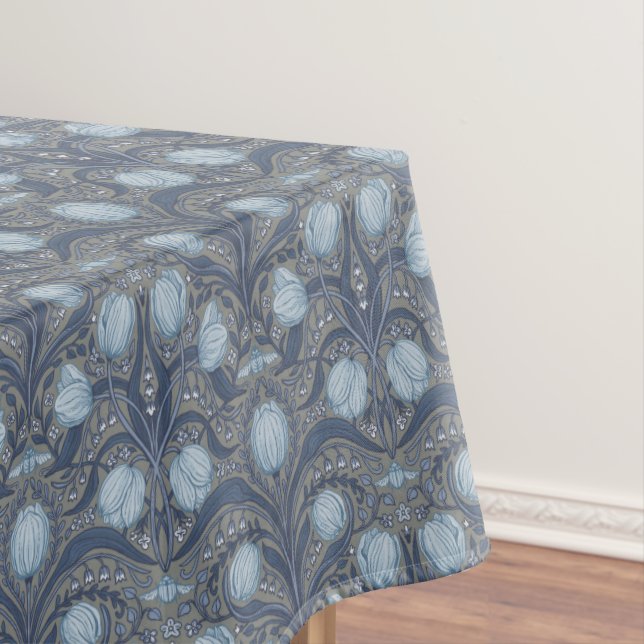Retro Nouveau Tulips in blue and pewter Tablecloth (In Situ)