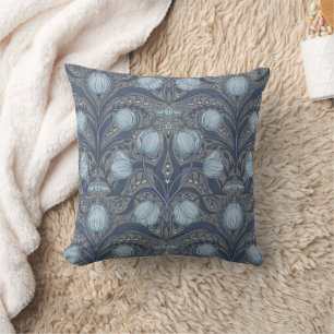 Retro Nouveau Tulips in blue and pewter Throw Pillow