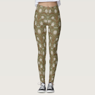 Retro Nouveau Tulips in sage and brown Leggings