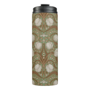Retro Nouveau Tulips in sage and brown Thermal Tumbler