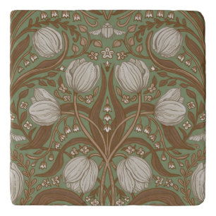Retro Nouveau Tulips in sage and brown Trivet