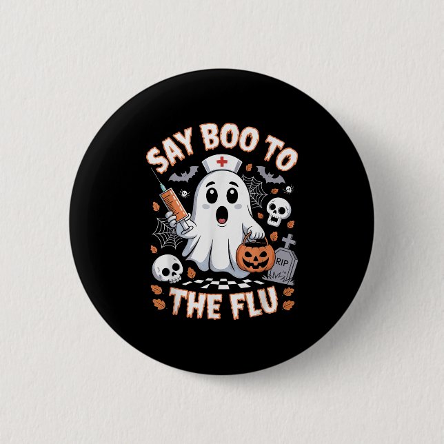 Retro Nurse Ghost Halloween Vaccine Say Boo To The Button (Front)
