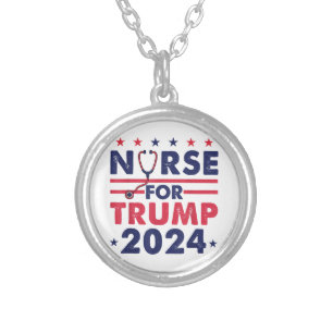 Retro Nurses For Trump 2024 America Stars Flag Str Silver Plated Necklace