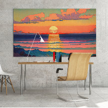 Retro Ocean Sunset Illustration Ai Art