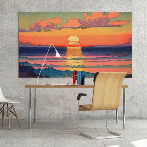 Retro Ocean Sunset Illustration Ai Art Poster
