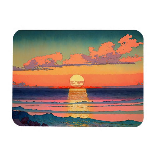 Retro Ocean Sunset Illustration Magnet
