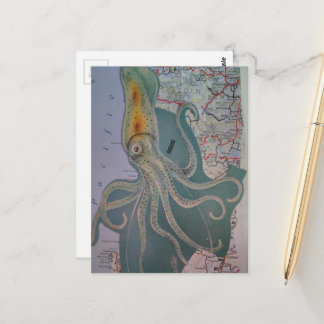 Retro Octopus and Map Collage Postcard