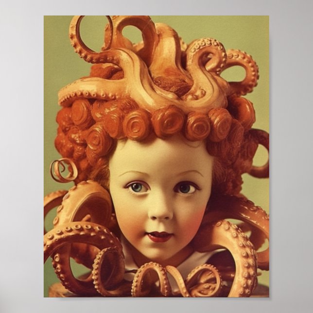 Retro Octopus Doll Head Assemblage  Poster (Front)