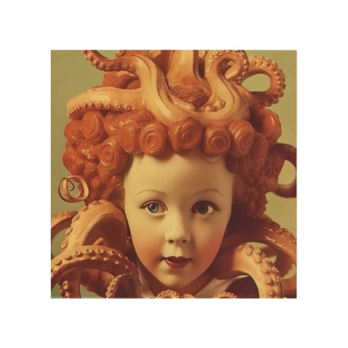 Retro Octopus Doll Head Assemblage  Wood Wall Art