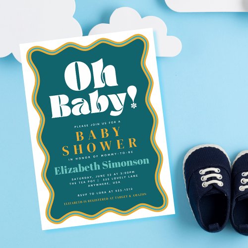 Retro Oh Baby Wavy Squiggle Frame Baby Shower Invitation