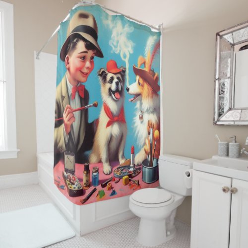 Retro Oil Painting Happy Dogs Shower Curtain