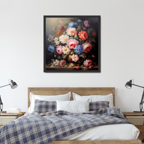 Retro Oil painting lavish bouquet colorful flowers Framed Art