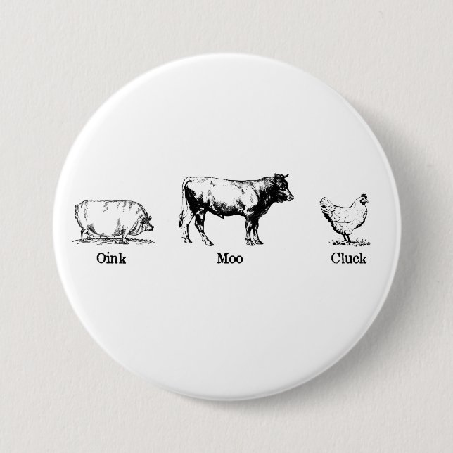 Retro Oink Moo Cluck Pig Cow Chicken Button (Front)