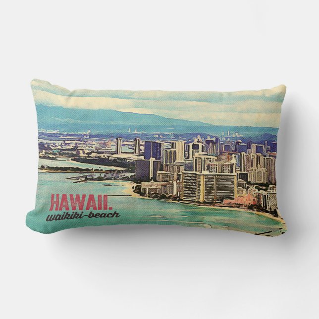 Retro Old Look Hawaii Oahu Island Waikiki Beach Lumbar Pillow (Front)