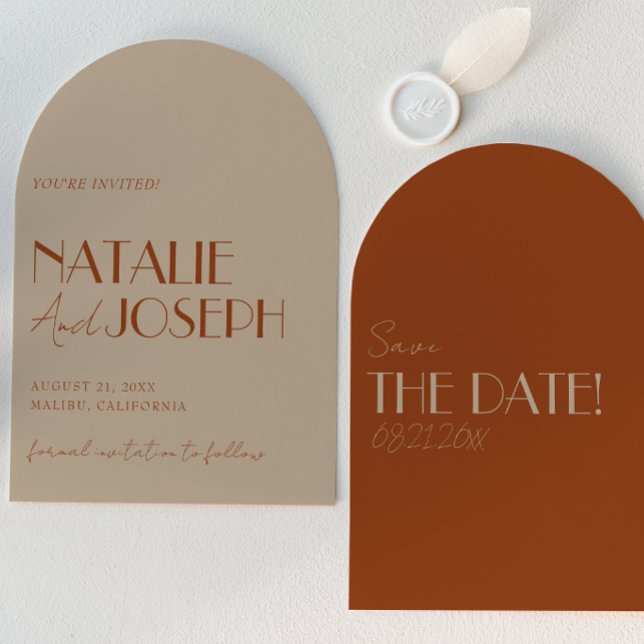 Retro Old Money Burnt Orange Gold Arched Wedding Save The Date (Creator Uploaded)