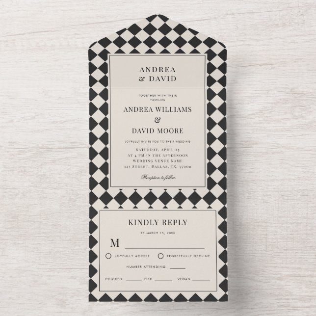 Retro Old Money Checkered Wedding All In One Invitation (Inside)