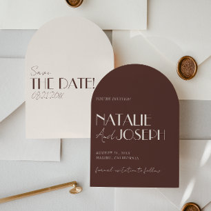 Retro Old Money Chocolate Brown Arched Wedding Save The Date