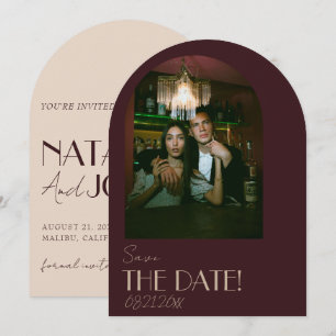 Retro Old Money Deep Red Gold Arched Photo Wedding Save The Date