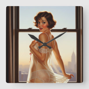 Retro Old School Pin-up Girl  Square Wall Clock