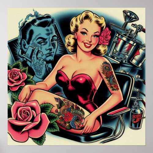 Retro Old School Tattoo Pin Up Poster