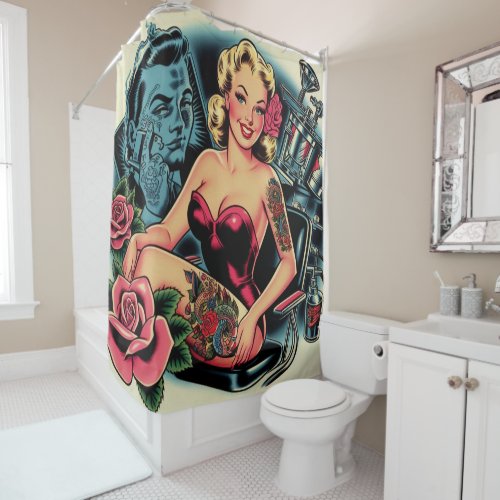 Retro Old School Tattoo Pin Up Shower Curtain