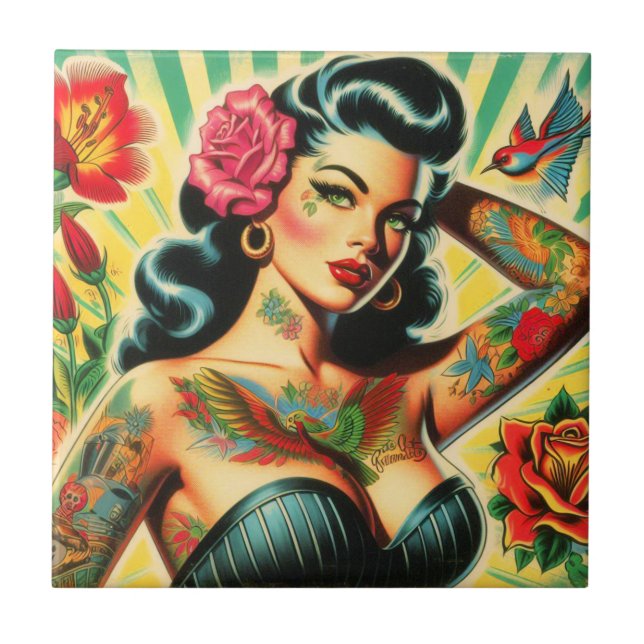 Retro Old School Tattoo Pinup Ceramic Tile (Front)