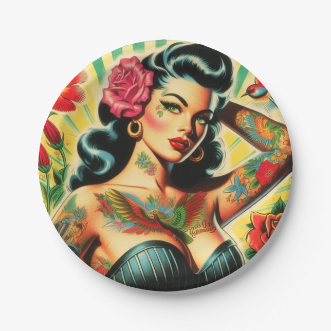 Retro Old School Tattoo Pinup Paper Plates (Front)