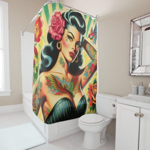 Retro Old School Tattoo Pinup Shower Curtain