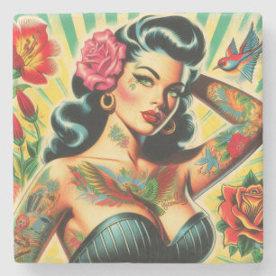 Retro Old School Tattoo Pinup Stone Coaster