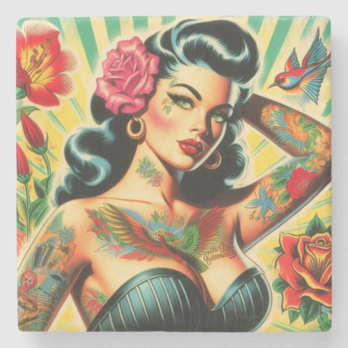 Retro Old School Tattoo Pinup Stone Coaster