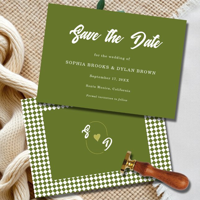 Retro Olive green  Minimalist Checkered Wedding Save The Date (Creator Uploaded)