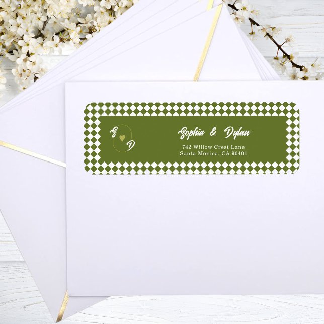Retro Olive Green Monogram Initial Wedding Address Label (Creator Uploaded)