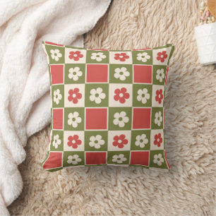 Retro Olive Green & Rust Daisy Checkerboard Throw Pillow