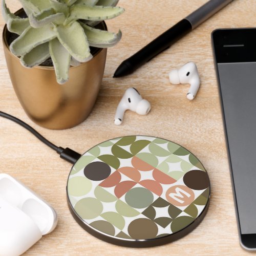 Retro Olive Green Taupe Brown Red Pop Art Pattern Wireless Charger
