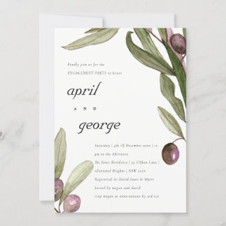 RETRO OLIVE WATERCOLOR PURPLE ENGAGEMENT INVITE