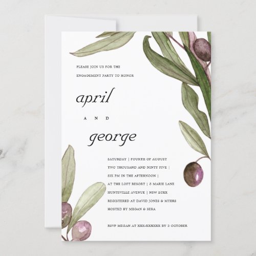 RETRO OLIVE WATERCOLOR PURPLE ENGAGEMENT INVITE