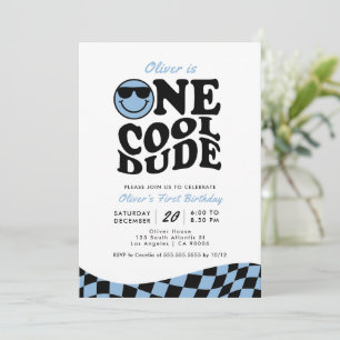 Retro One Cool Dude Blue Smile Face 1st Birthday Invitation