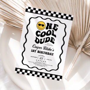 Retro One Cool Dude Boy First 1st Birthday Invitation
