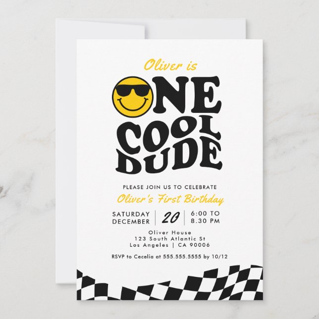 Retro One Cool Dude Smile Face Boy 1st Birthday Invitation (Front)